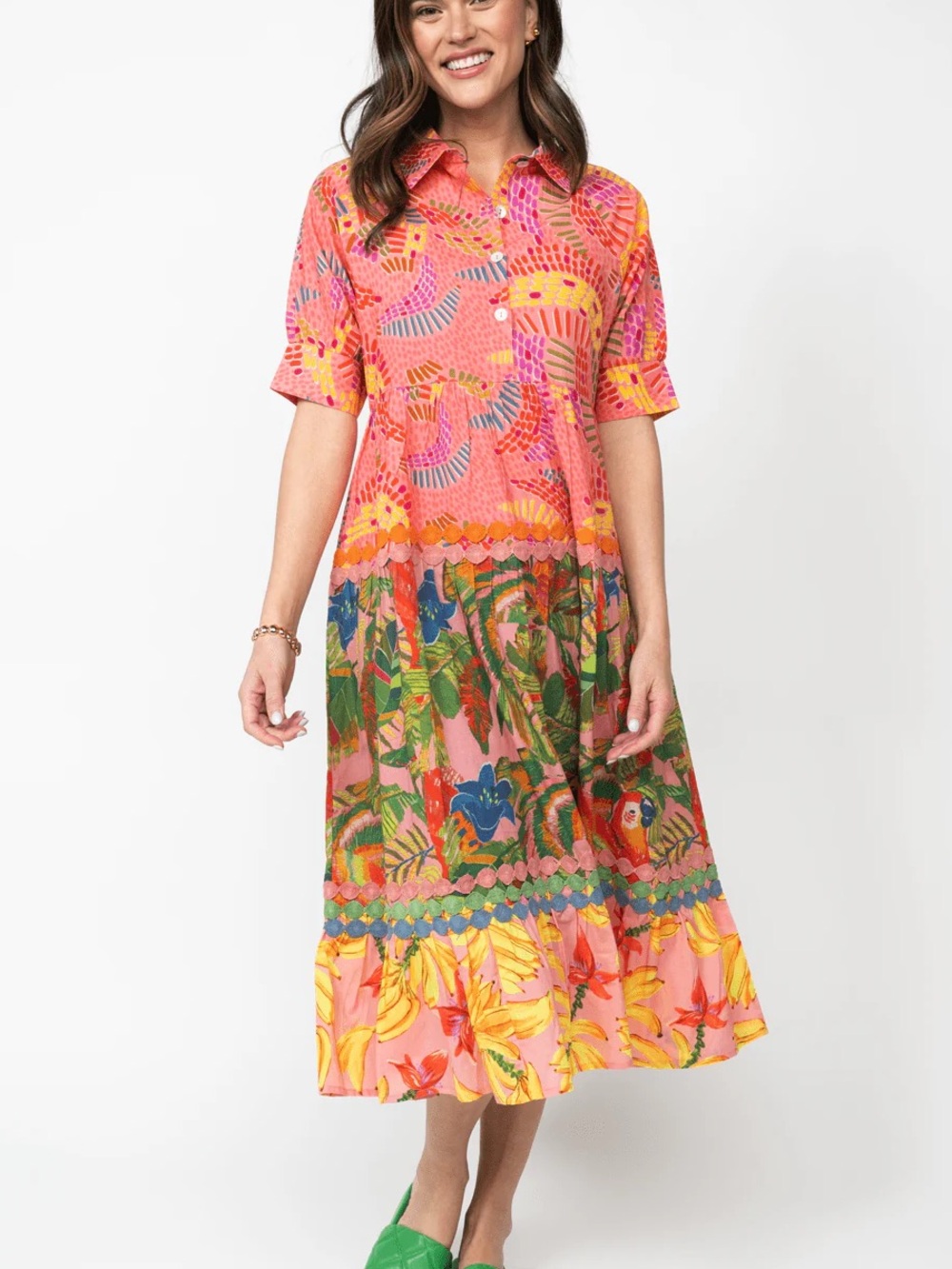 Uncle Frank Go Bananas Pink Tropical Print Button-Front Midi Dress Small